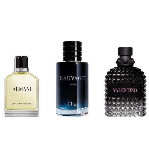 3-Piece Men's Fragrance Set: Armani Eau Pour Homme, Dior Sauvage, Valentino Uomo